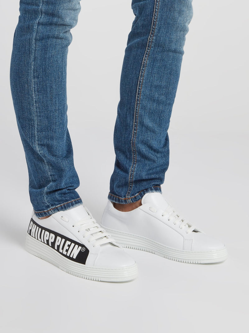 White Logo Stripe Low Top Sneakers
