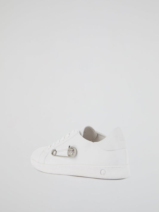 White Lion Head Safety Pin Embellished Sneakers