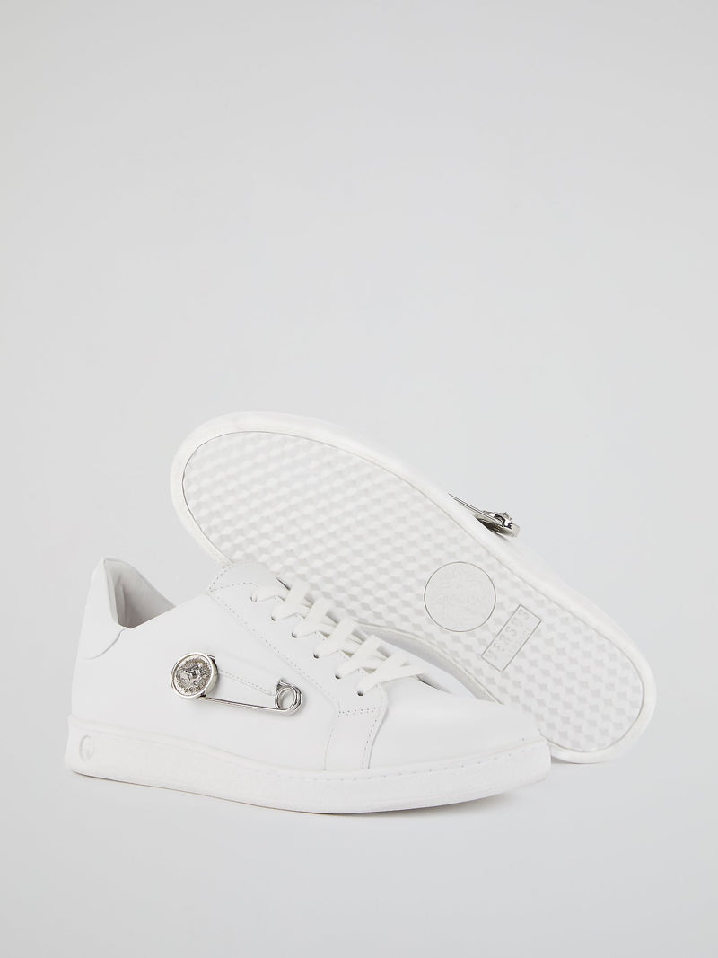 White Lion Head Safety Pin Embellished Sneakers
