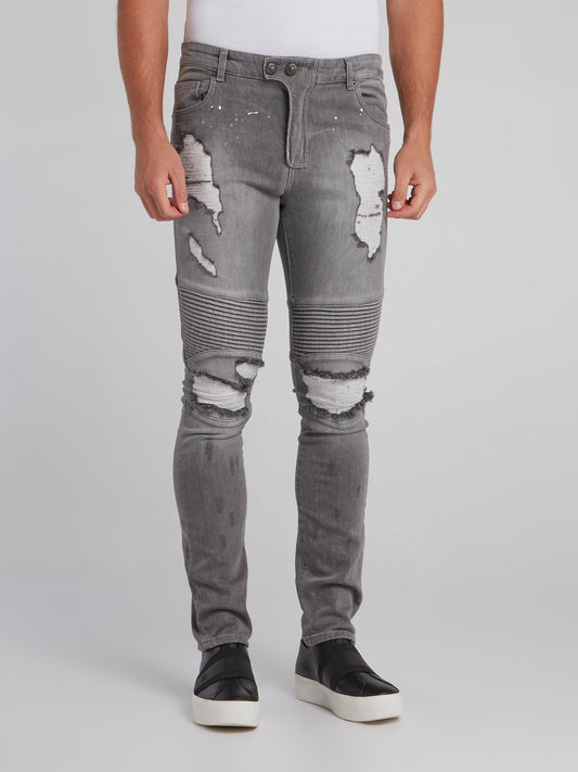 Haelay Grey Tattered Biker Jeans