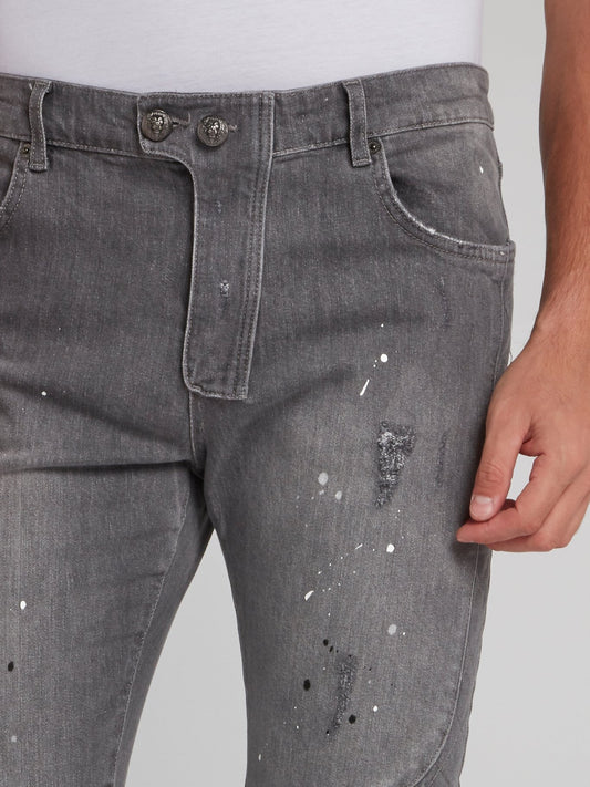 Grey Paint Splatter Biker Jeans