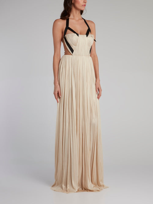 Beige Halter Neck Pleated Maxi Dress Maison-B-More Global Store Beige Halter Neck Pleated Maxi Dress Maison-B-More Global Store