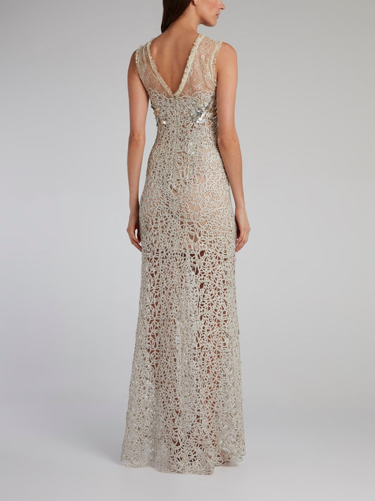 Silver Embellished Lace Maxi Dress