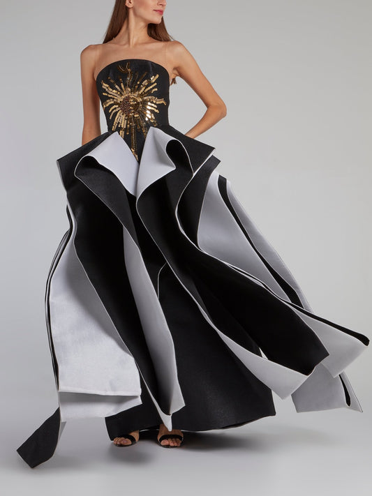 Black Illusion Neckline Sequin Detail Gown