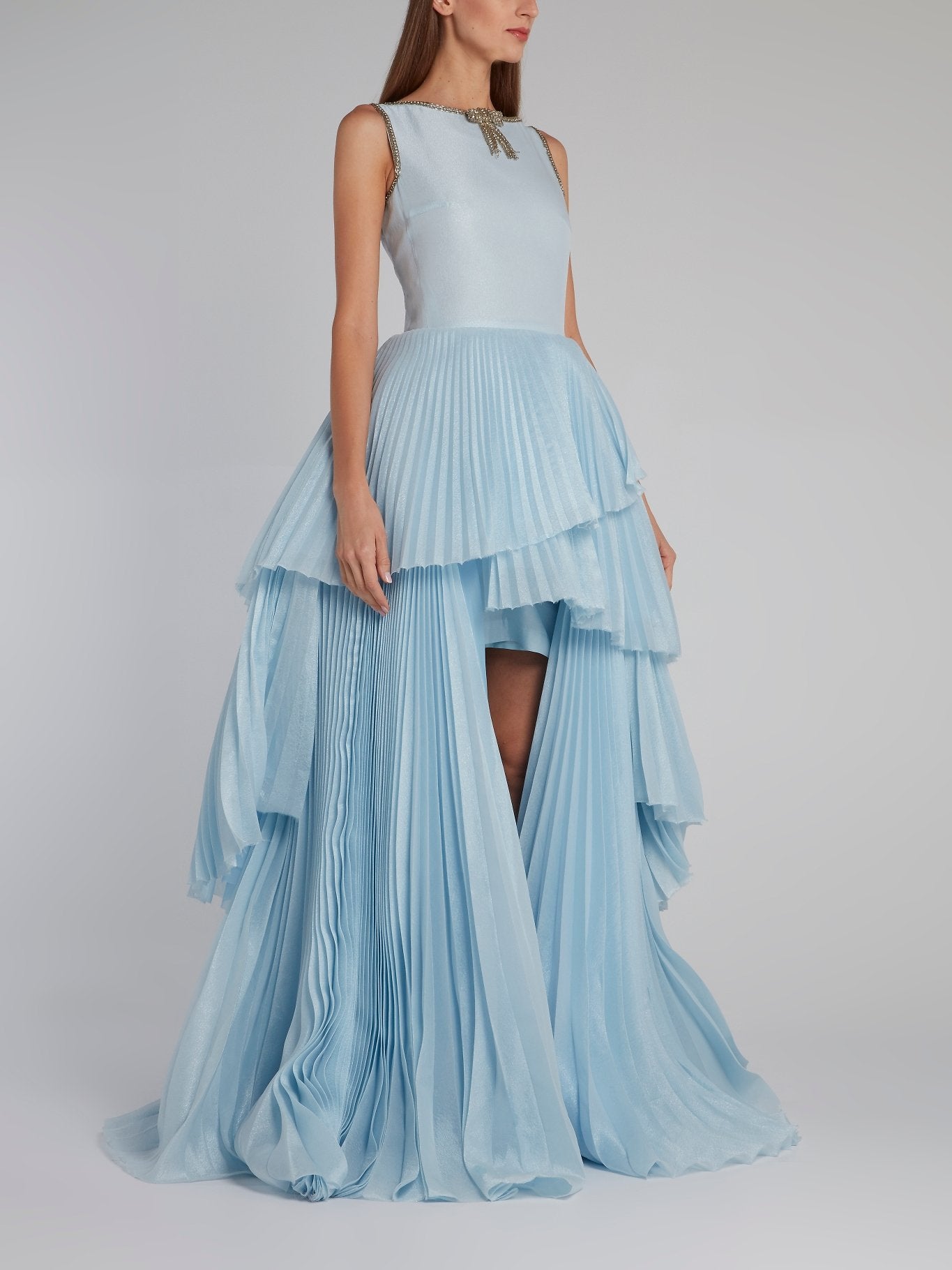 Isabel Sanchis Blue Asymmetric Pleated Maxi Dress 42 / Blue