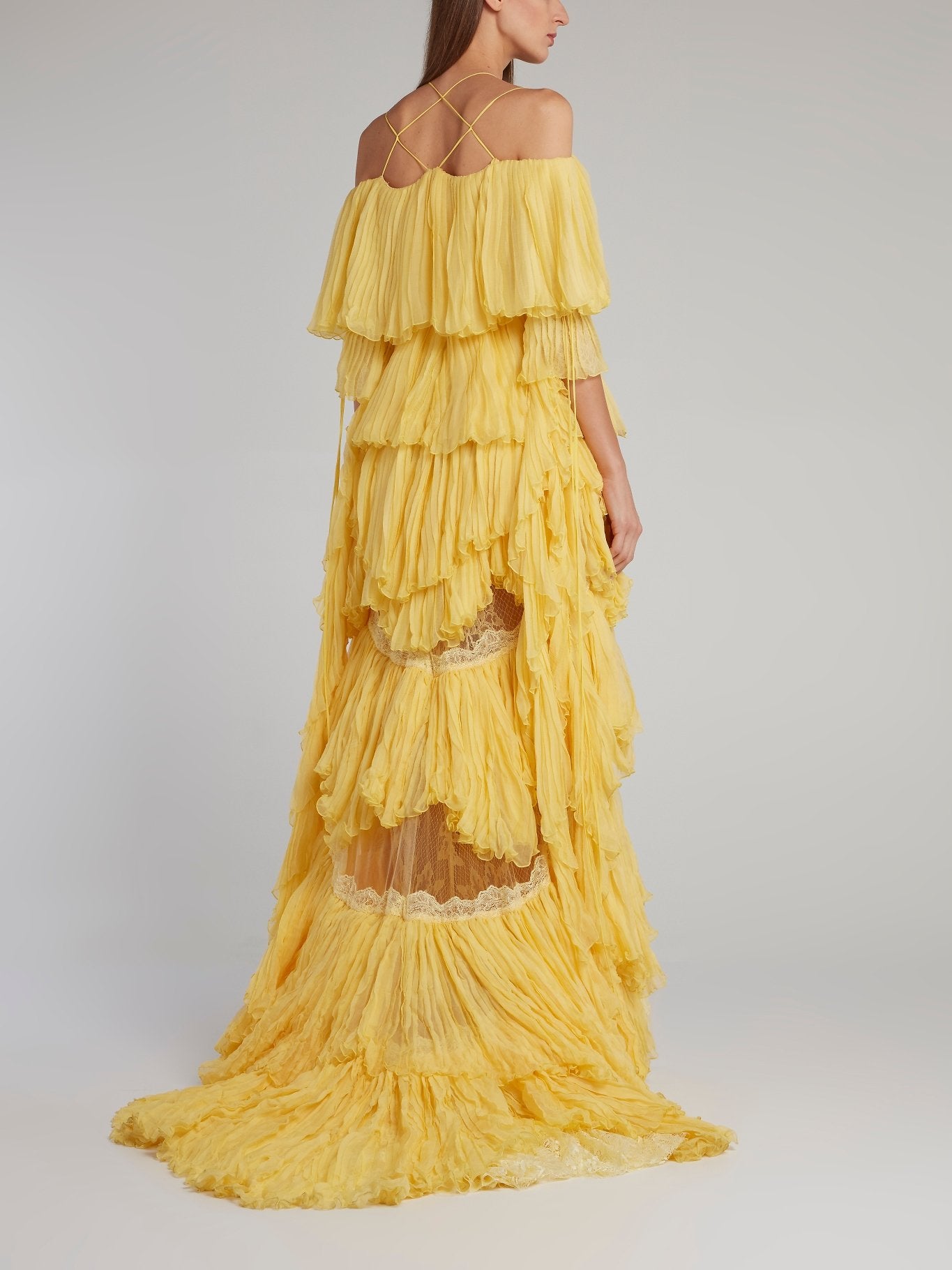 Yolancris Yellow Tiered Pleated Evening Dress 38 / Yellow Yolancris Yellow Tiered Pleated Evening Dress 38 / Yellow
