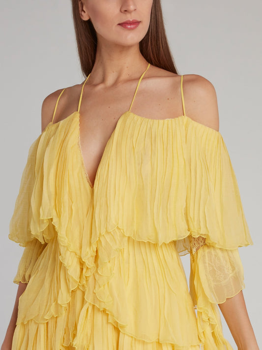 Yellow Tiered Pleated Evening Dress