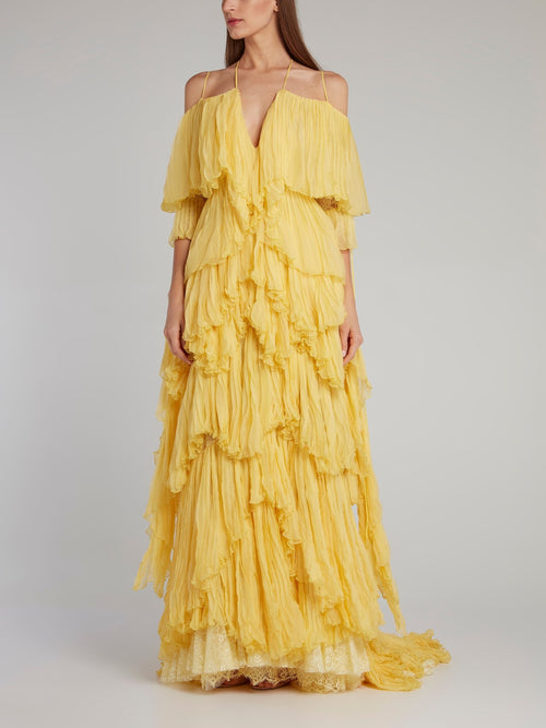 Yolancris Yellow Tiered Pleated Evening Dress 38 / Yellow Yolancris Yellow Tiered Pleated Evening Dress 38 / Yellow