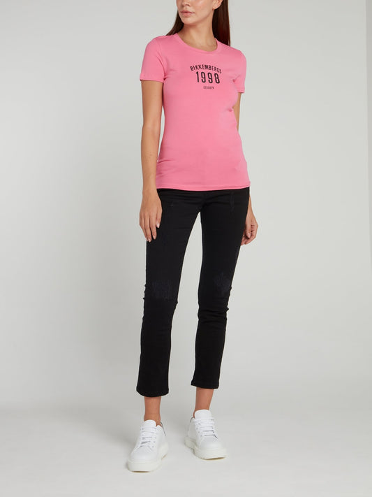 Розовая приталенная футболка с круглым вырезом