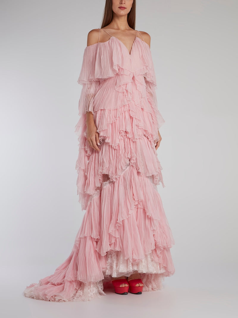Yolancris Pink Tiered Pleated Evening Dress Yolancris Pink Tiered Pleated Evening Dress