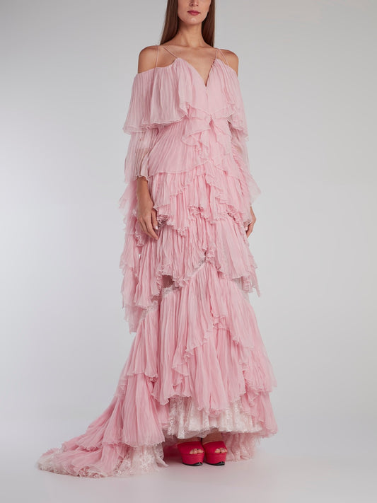 Pink Tiered Pleated Evening Dress