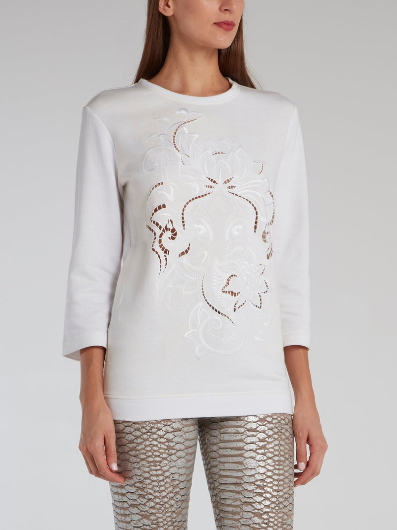 White Embroidered Cut Out Sweatshirt
