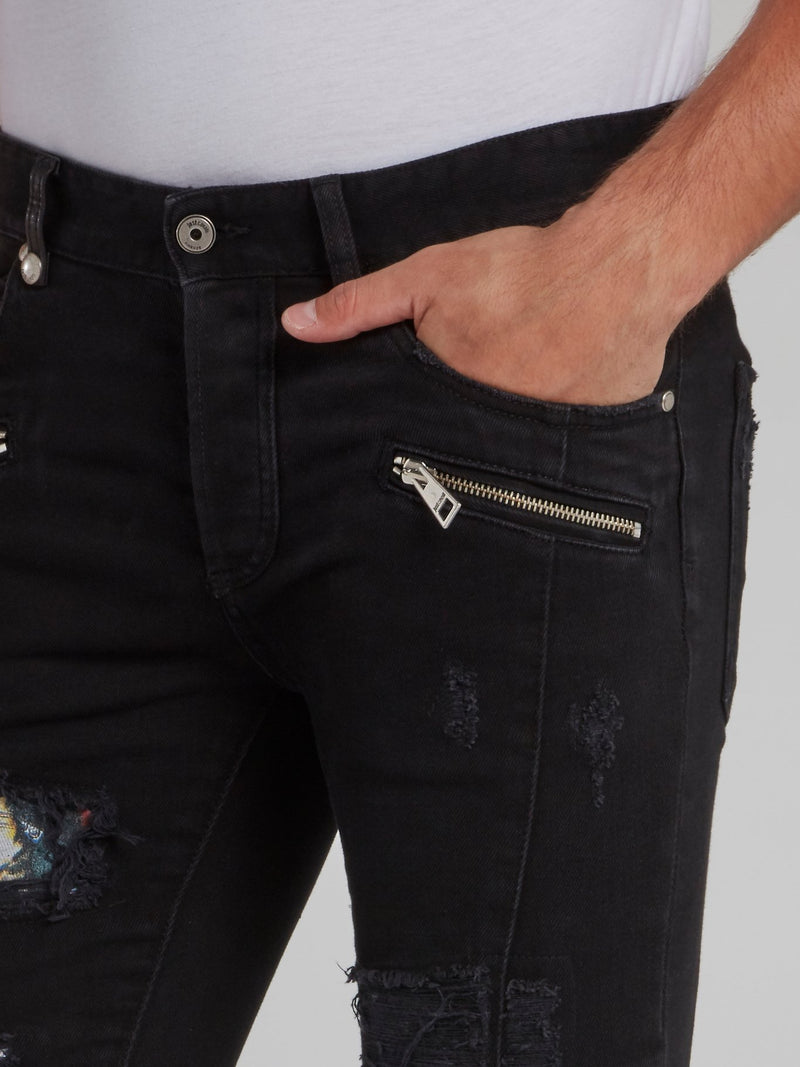 Black Zipper Embellished Tattered Skinny Jeans