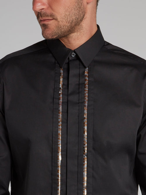 Black Sequin Detail Pleated Shirt