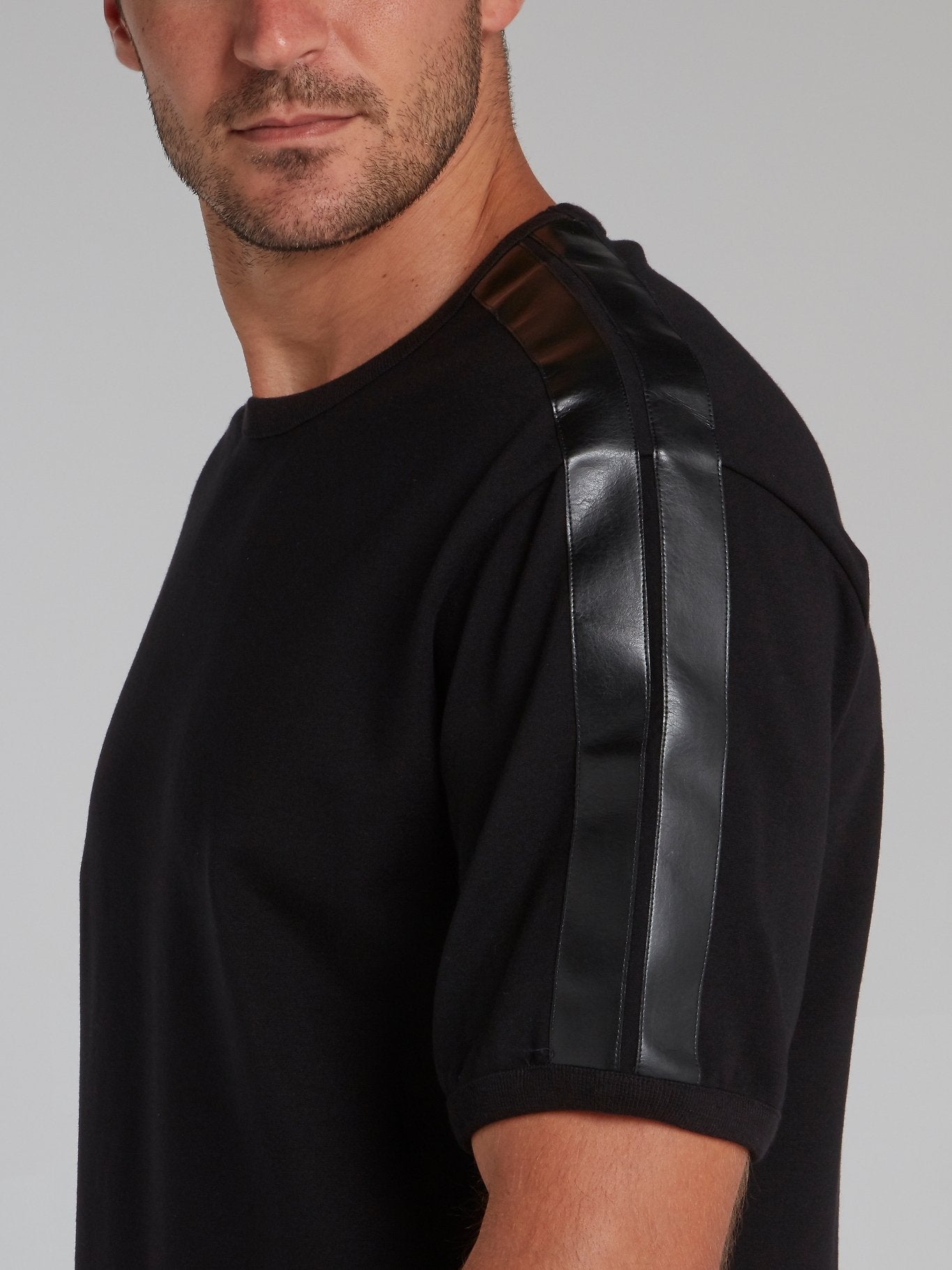 Black Leather Shoulder Stripe T-Shirt