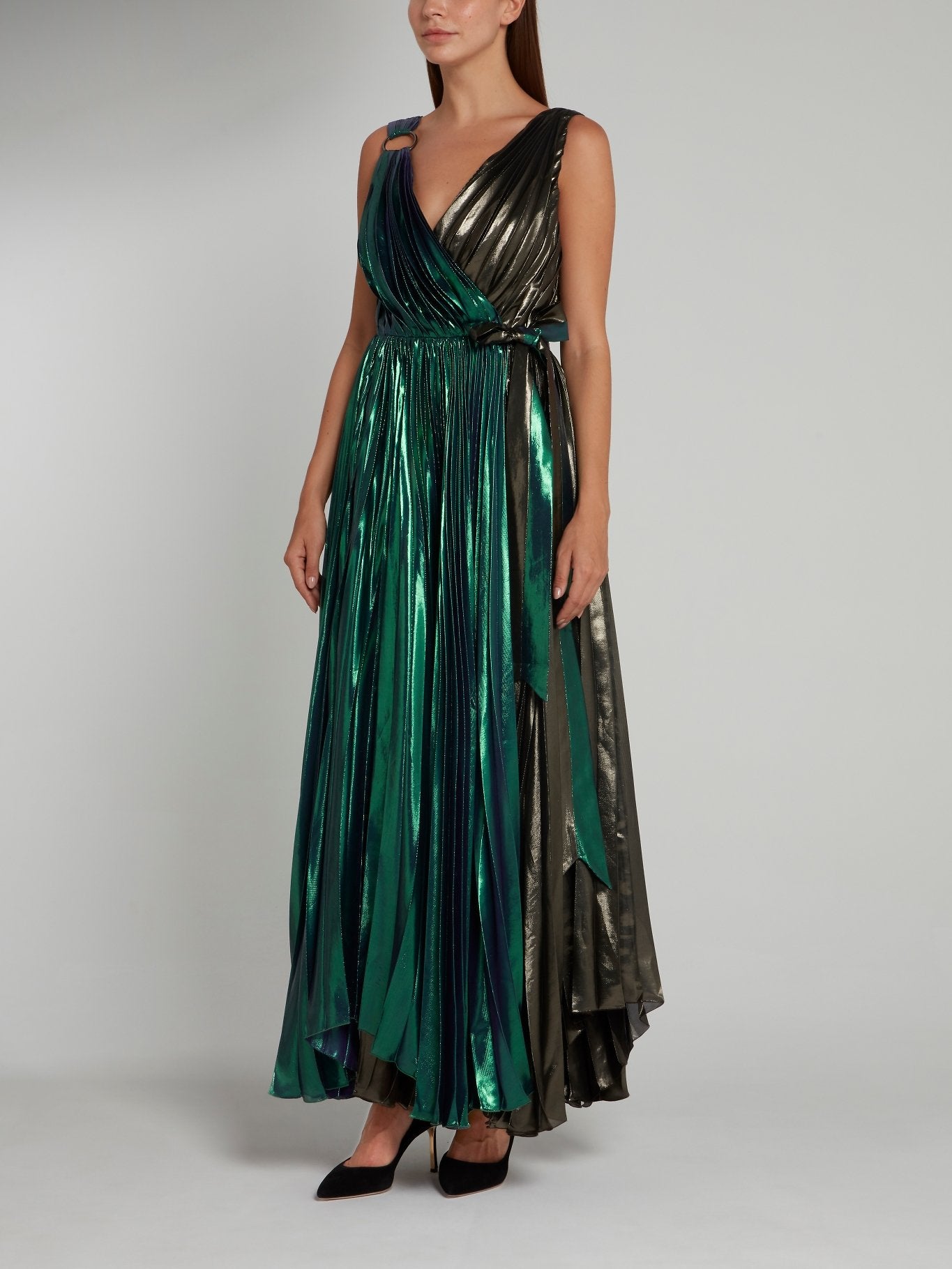 Maria Lucia Hohan Metallic Accordion Pleat Maxi Dress 40 / Green