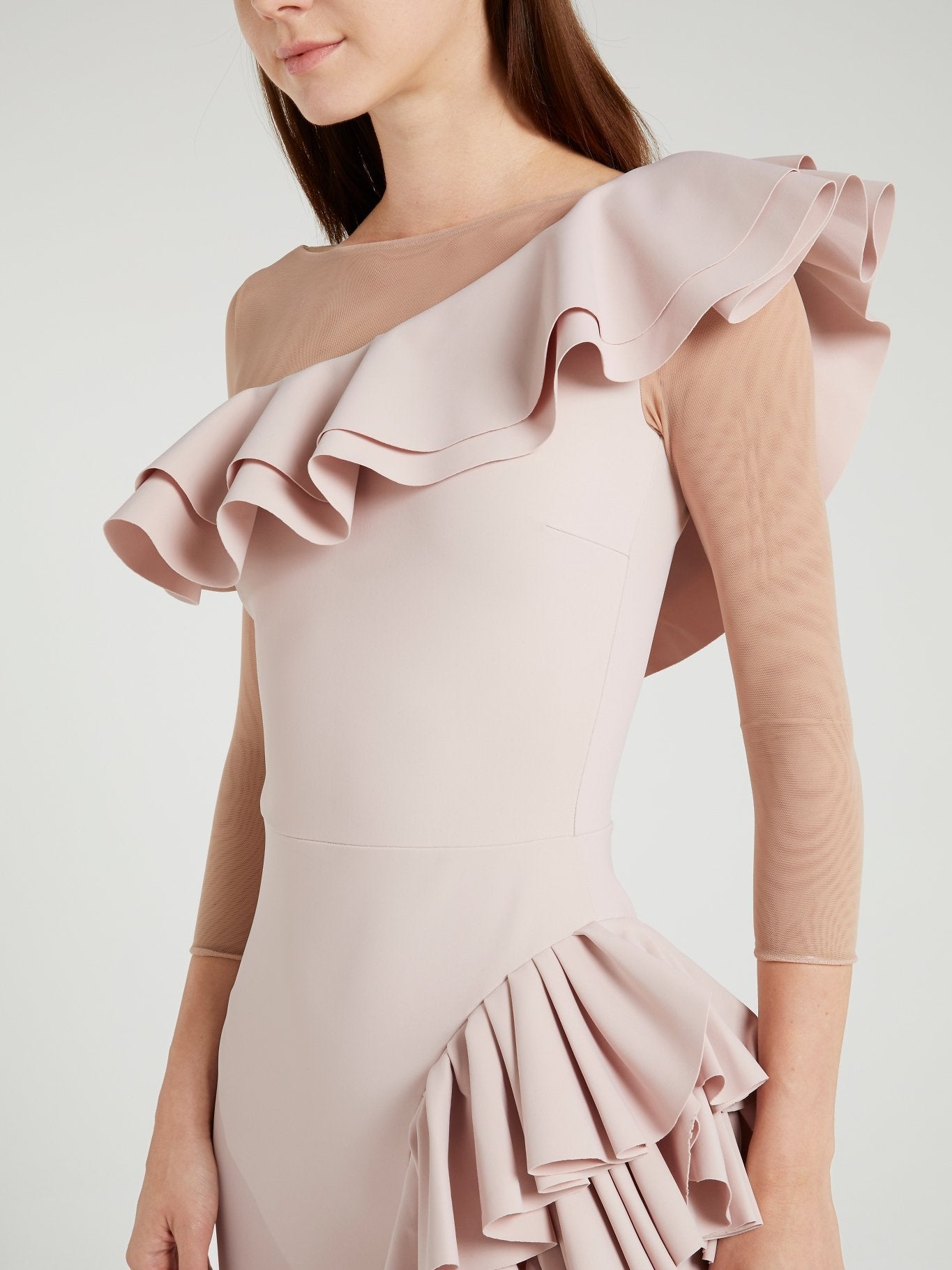Maria Chiara Illusion Beige Ruffle Maxi Dress Maison-B-More Global Store Maria Chiara Illusion Beige Ruffle Maxi Dress Maison-B-More Global Store