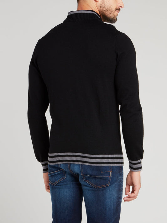 Black Stripe Edge Zip Neck Sweater