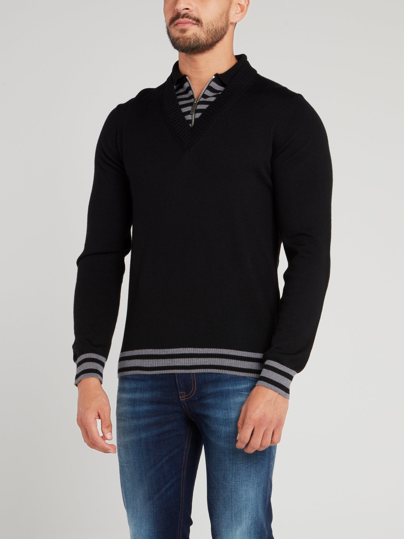 Black Stripe Edge Zip Neck Sweater
