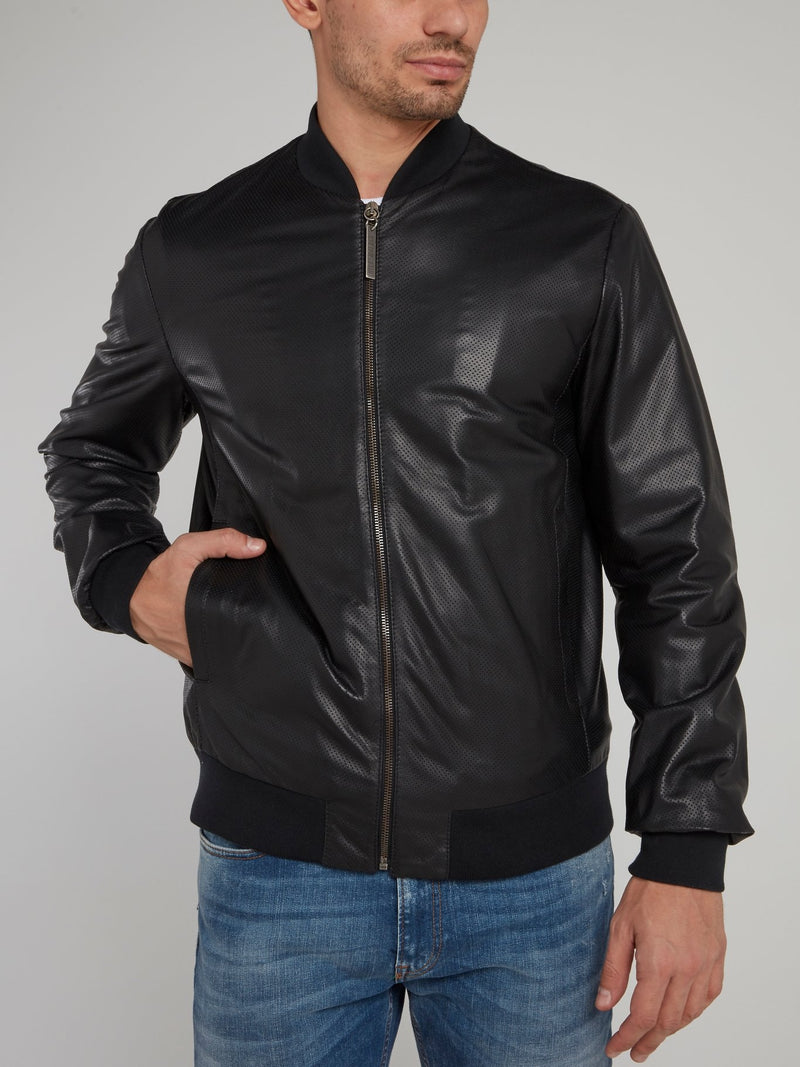 Black Perforated Leather Bomber Jacket