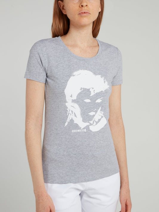 Grey Portrait Print T-Shirt
