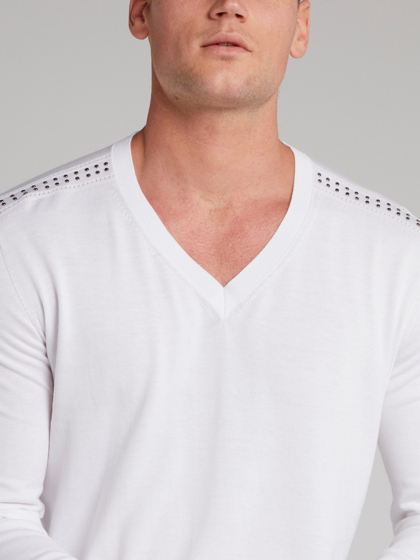 White Studded Shoulder V-Neck Pullover