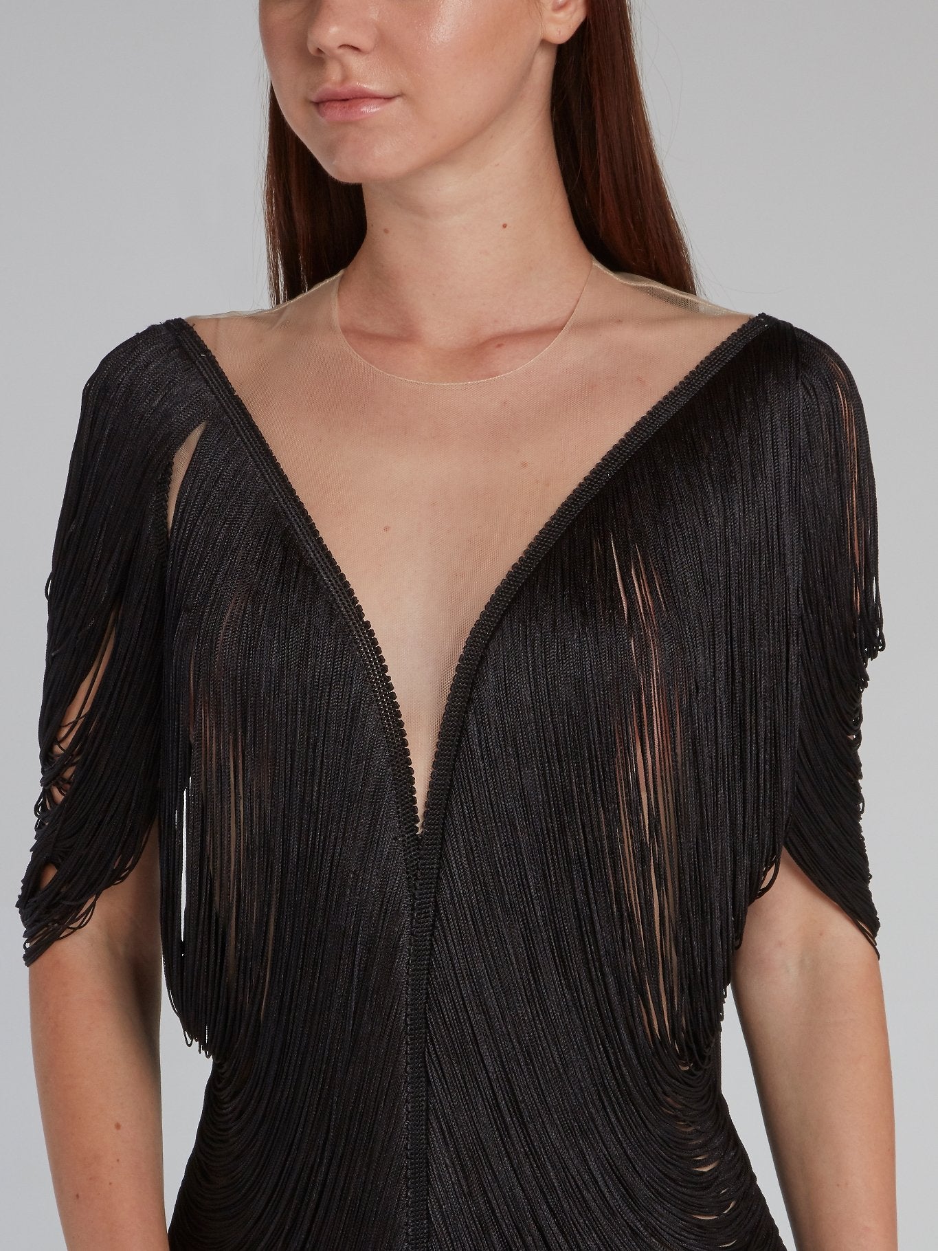 Christos Costarellos Black Illusion Neckline Tassel Mini Dress 38 / Black