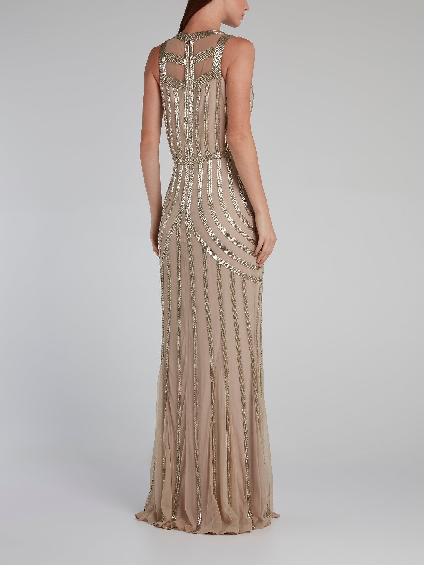 brown beaded dress Warm Art Deco Fringed Evening Gown It features a beaded top bodice with intricate floral patterns that shimmer subtly under the light Rachel Gilbert Brown Beaded Column