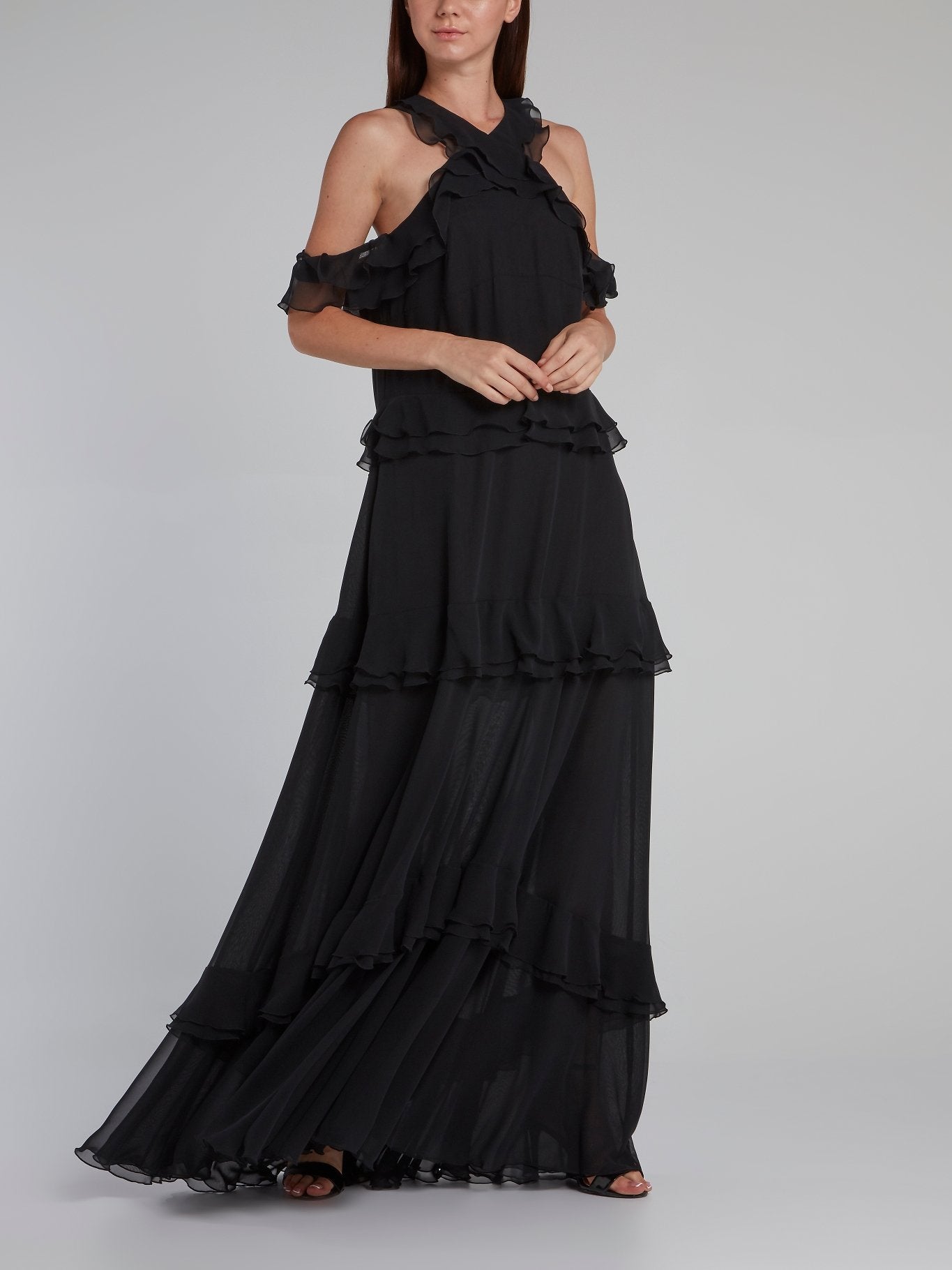 Talbot Runhof Black Drop Shoulder Tiered Ruffle Dress 8 / Black Talbot Runhof Black Drop Shoulder Tiered Ruffle Dress 8 / Black