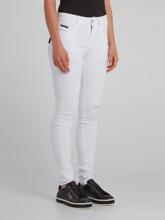 White Semi-Distressed Skinny Jeans