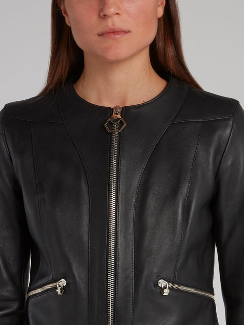 Black Zip Up Crewneck Leather Jacket