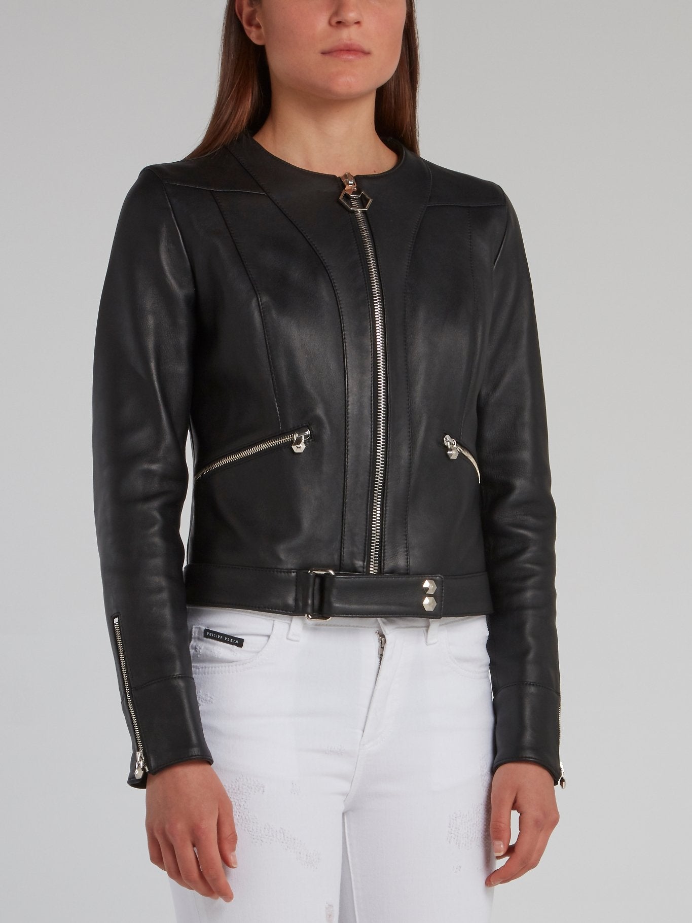 Black Zip Up Crewneck Leather Jacket