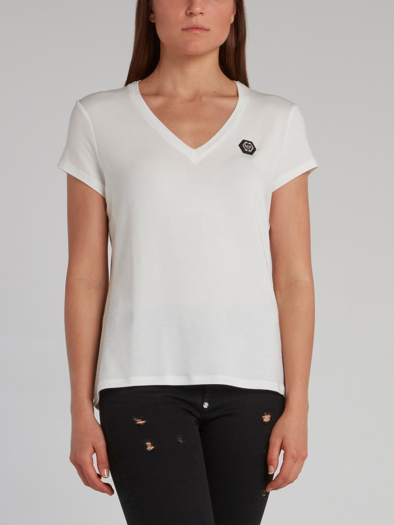 White Monogram Appliquéd V-Neck T-Shirt