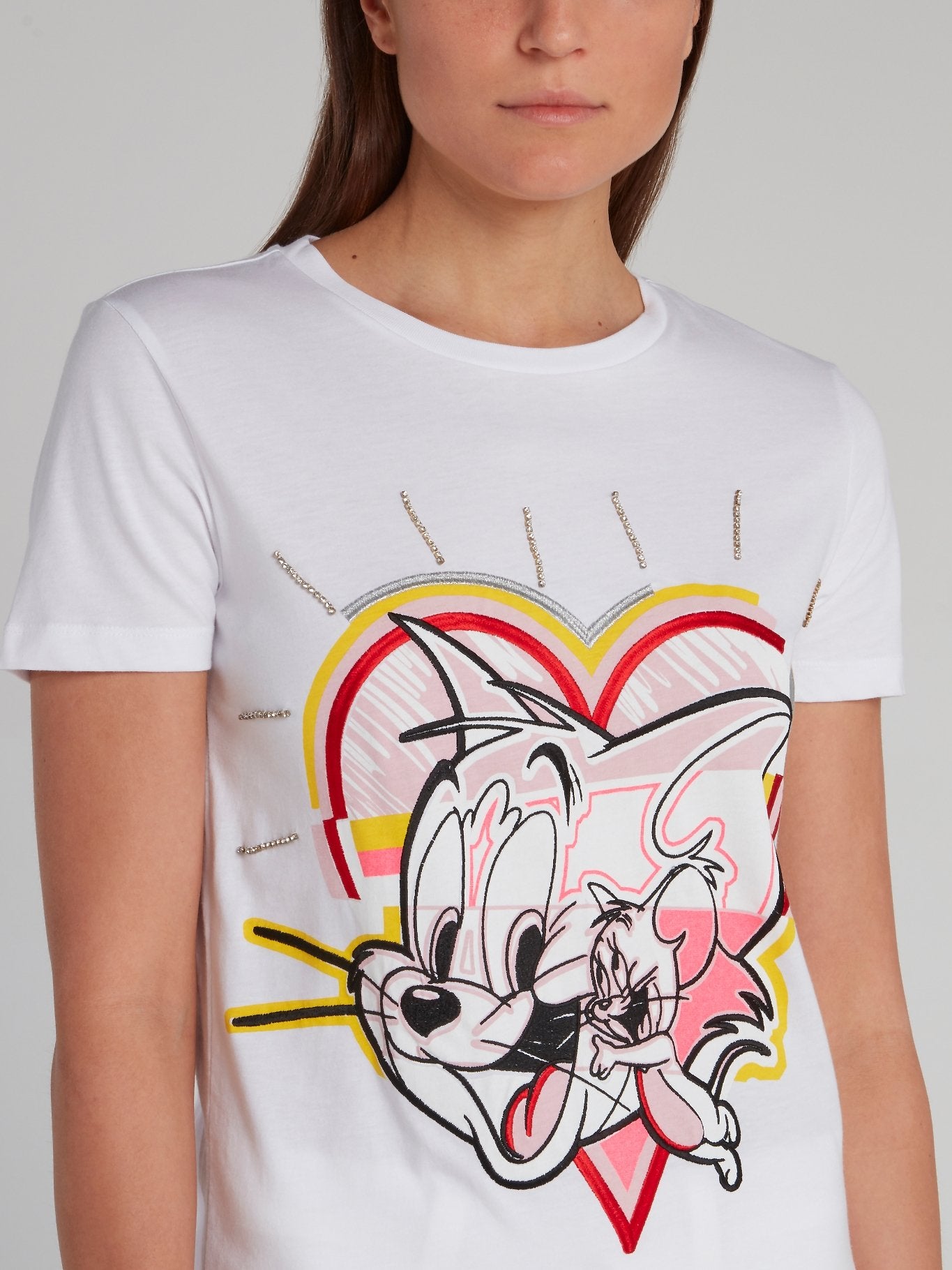 Tom and Jerry White Embroidered T-Shirt