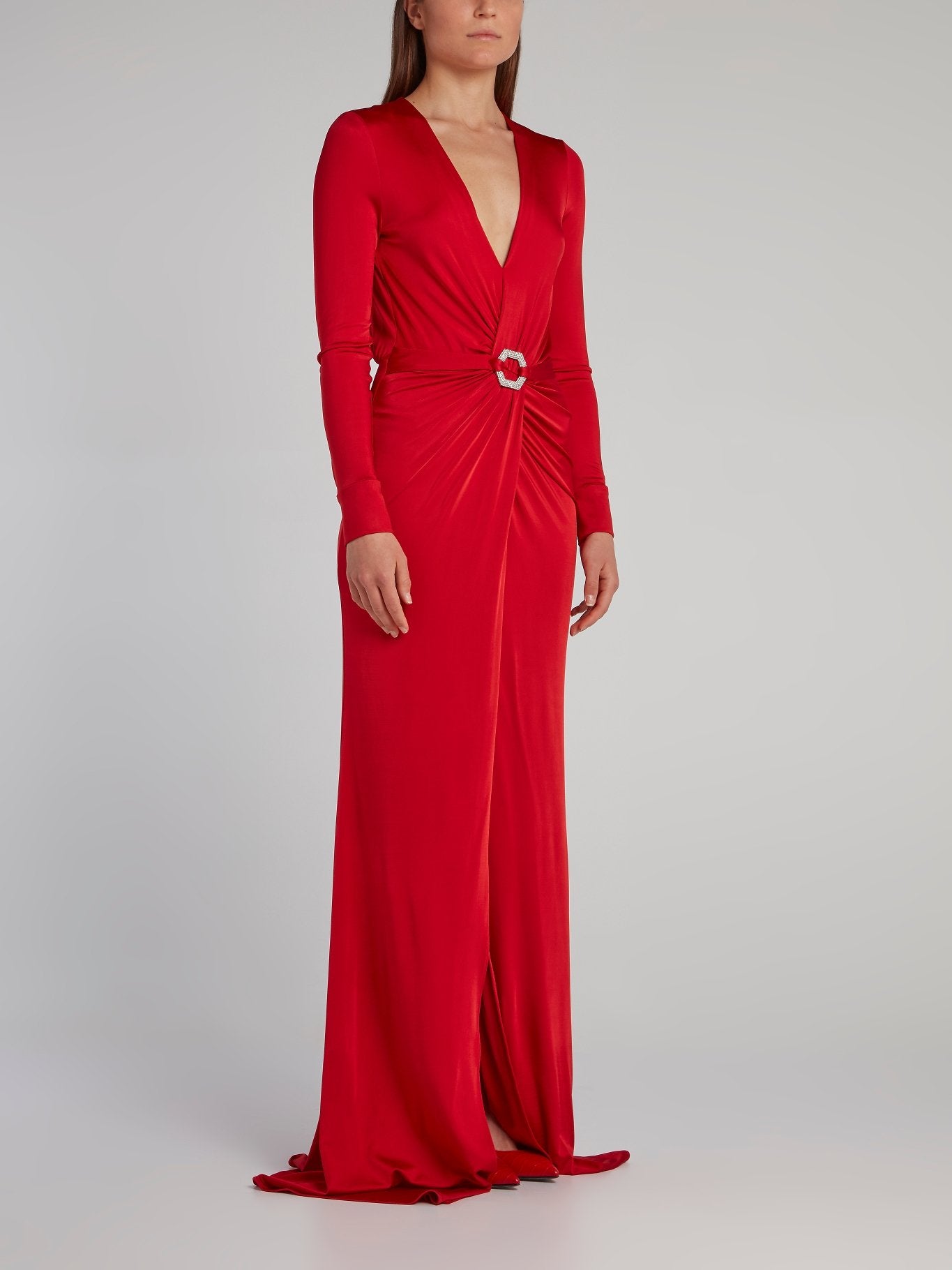 Red Draped Plunge Maxi Dress