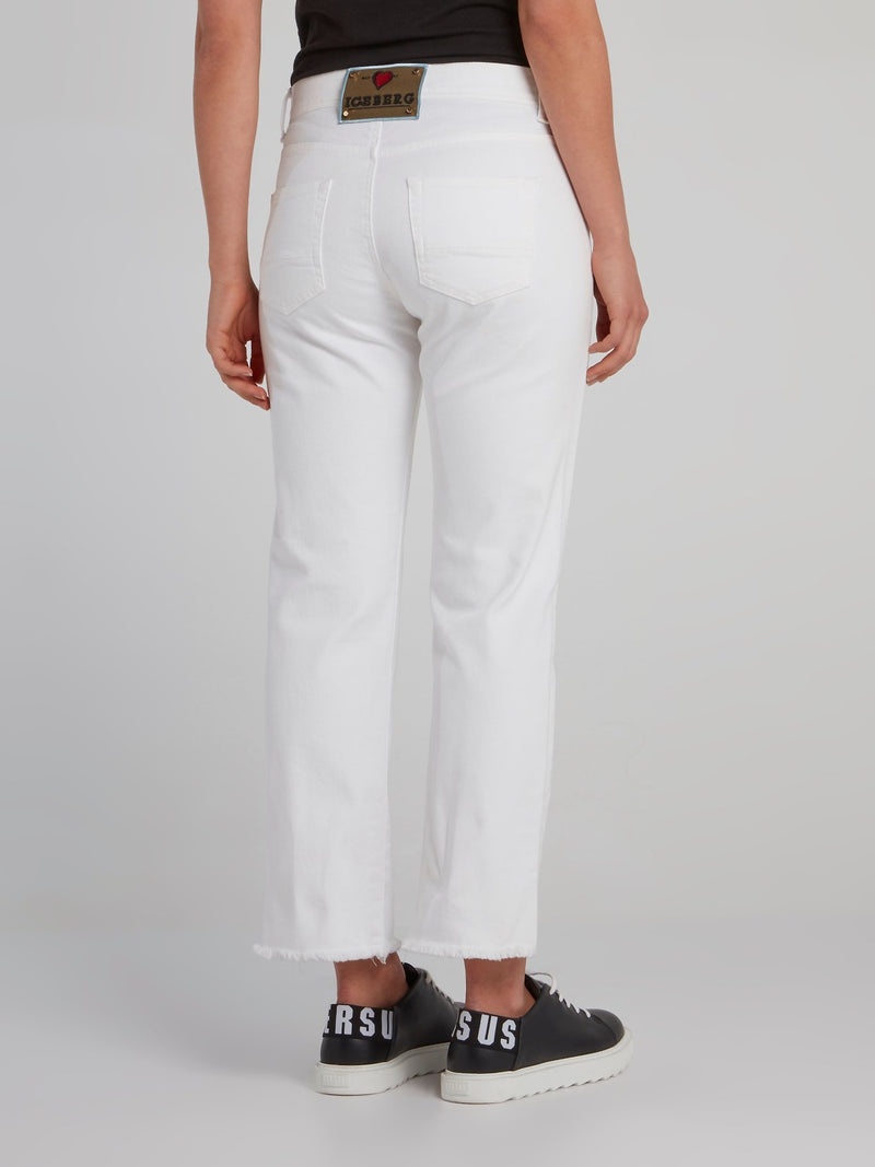 White Straight Cut Frayed Jeans
