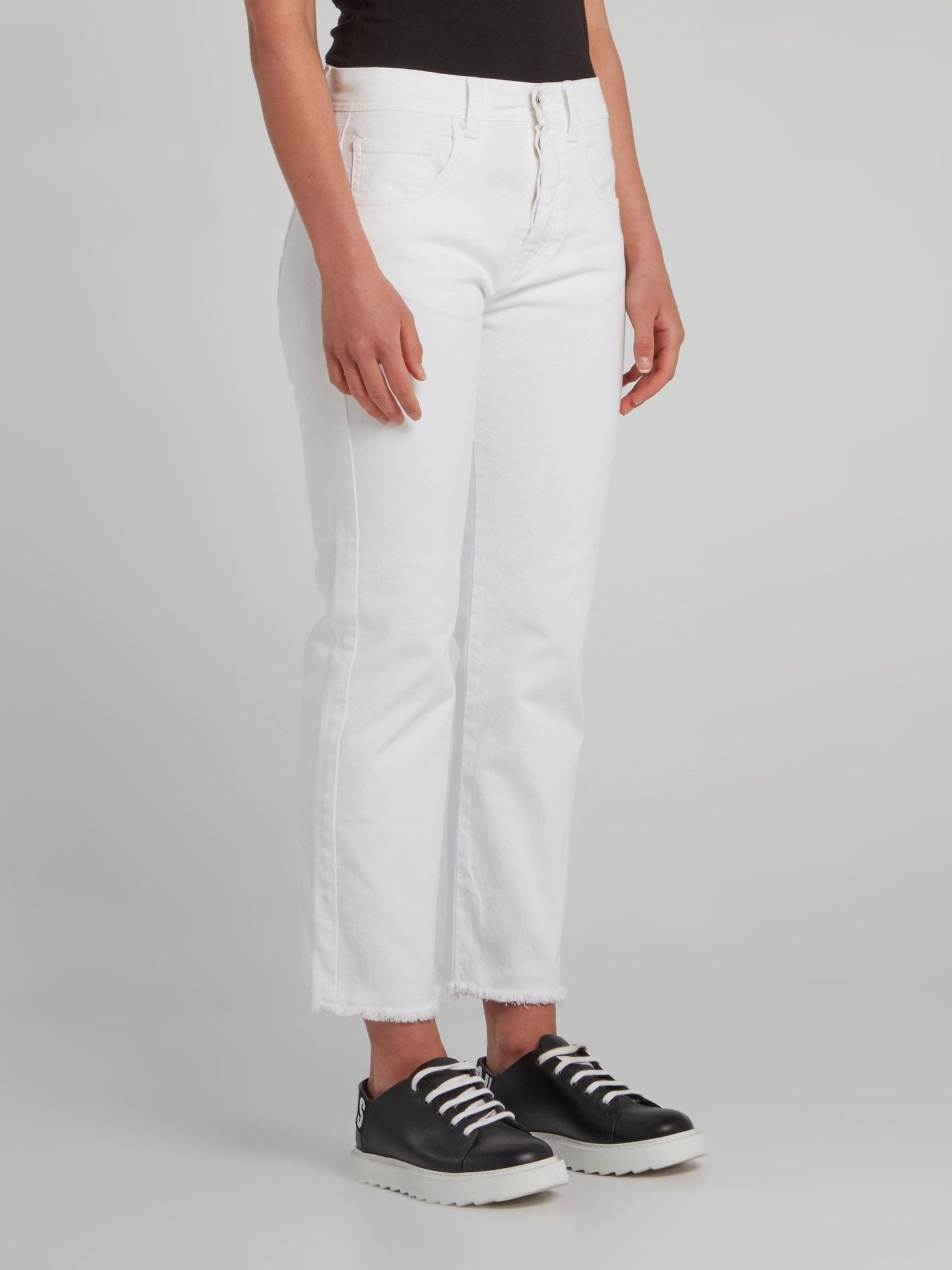 White Straight Cut Frayed Jeans