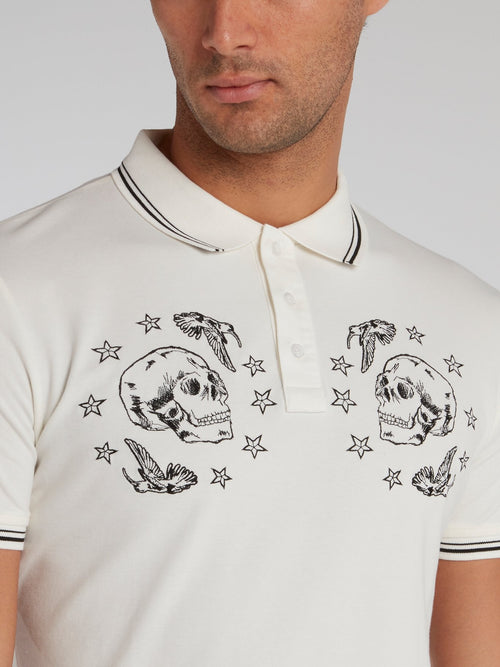 Stripe Trim Stars Skull Polo Shirt