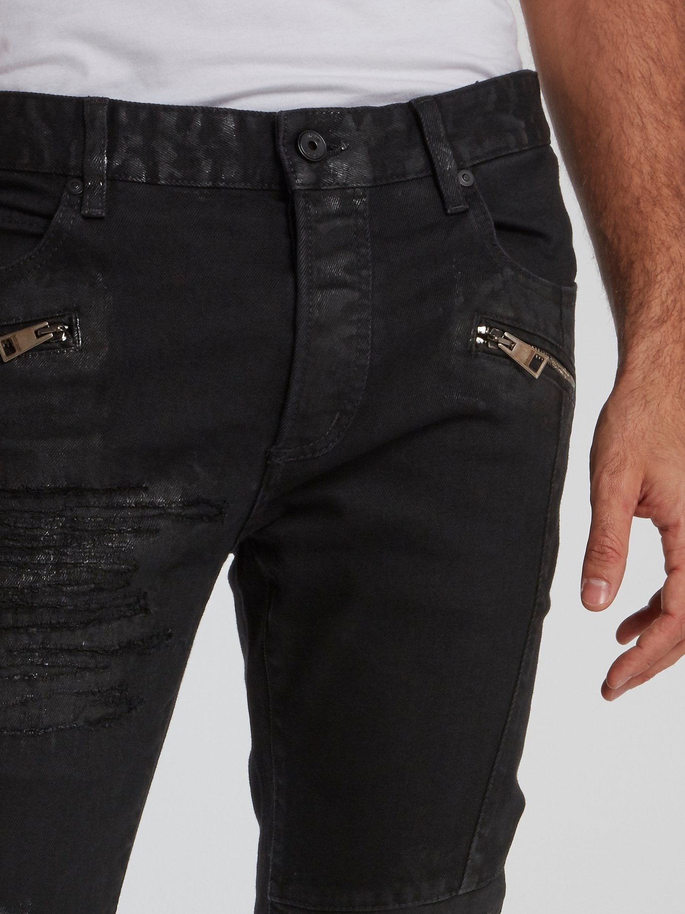 Black Distressed Zip Pocket Jeans