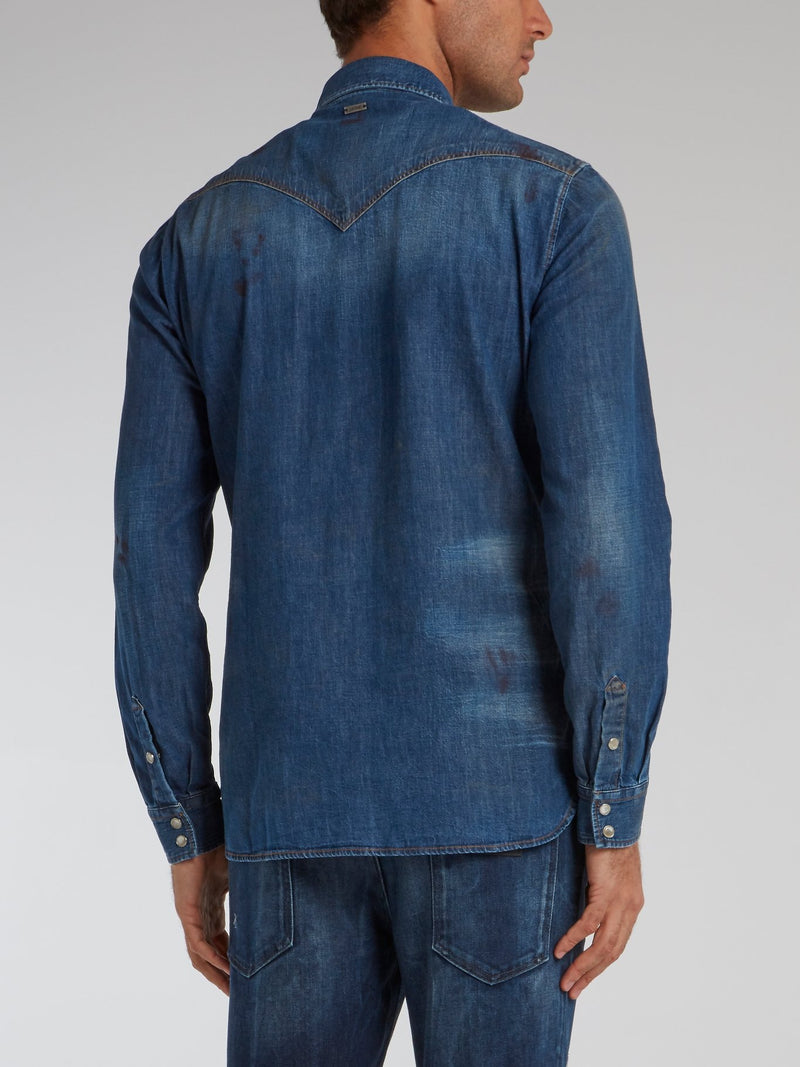 Blue Studded Panel Distressed Shirt
