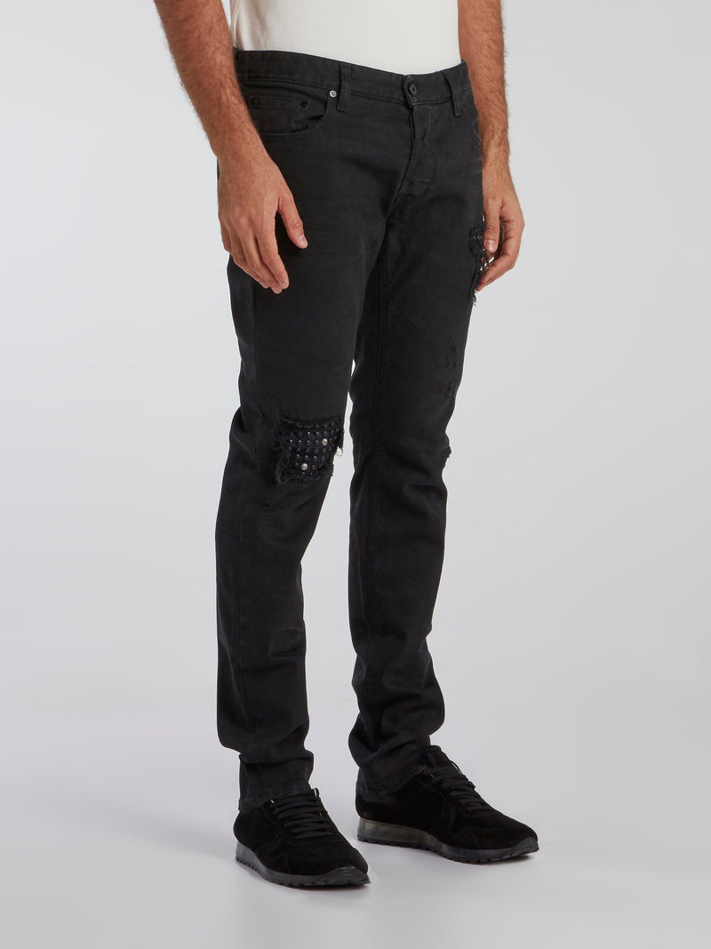 Black Studded Panel Distressed Jeans