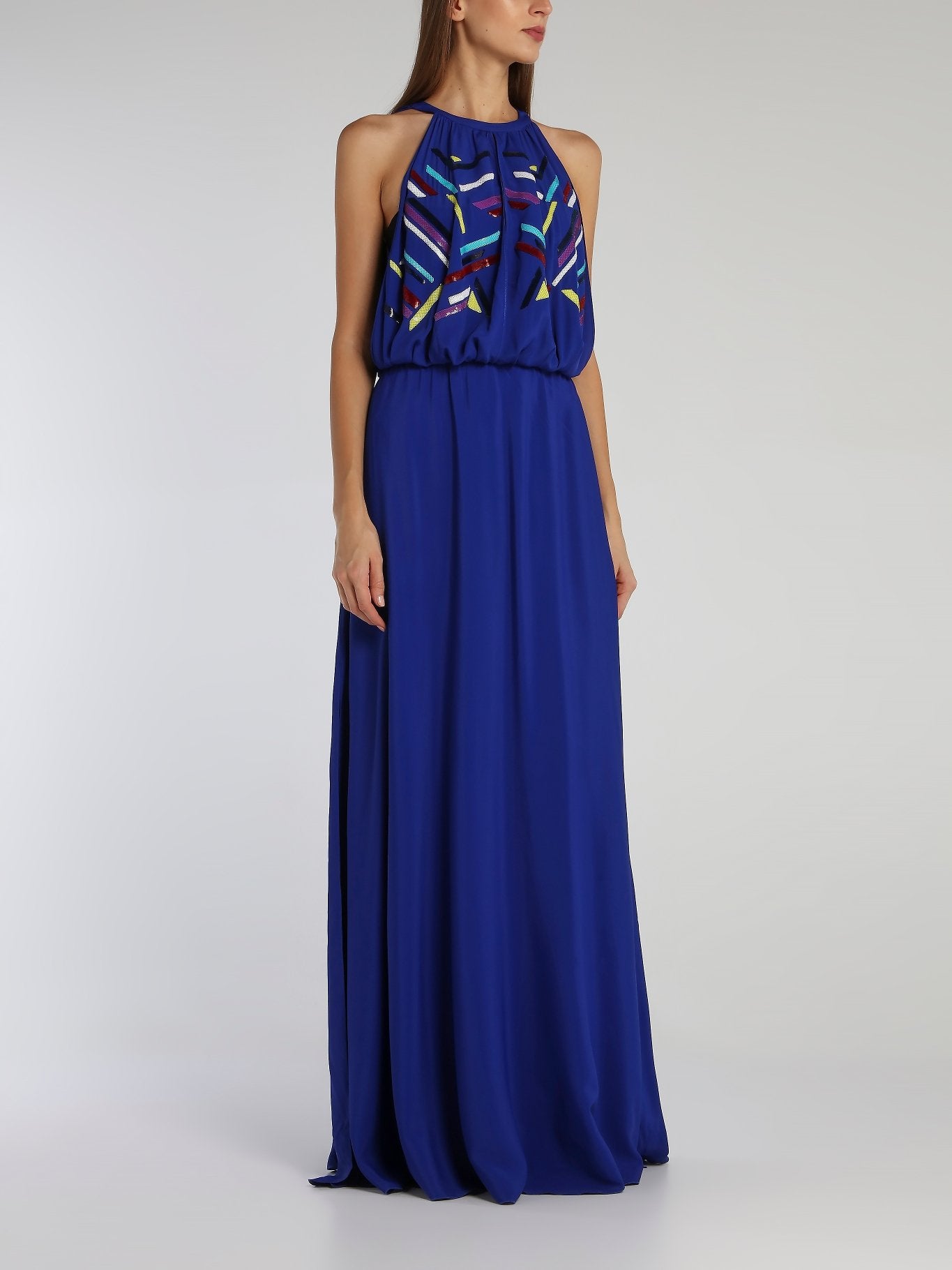 Blue Sequin Detail Halter Dress