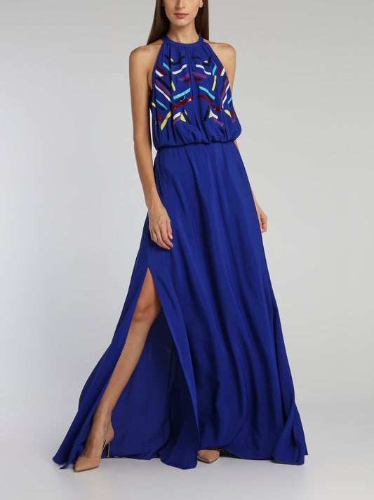 Blue Sequin Detail Halter Dress