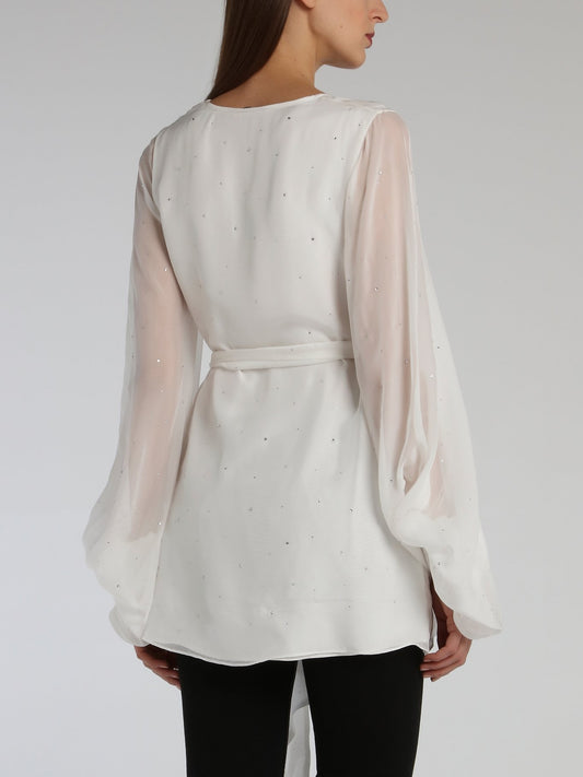 White Tie Front Studded Top