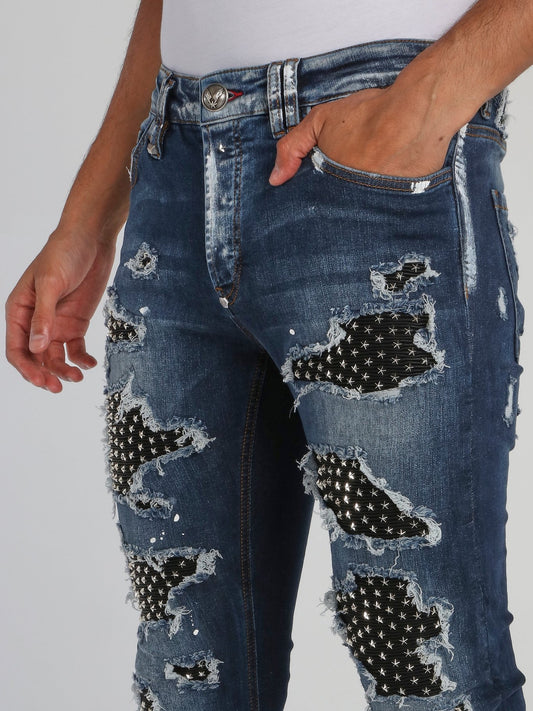 Stars Embellished Ripped Jeans