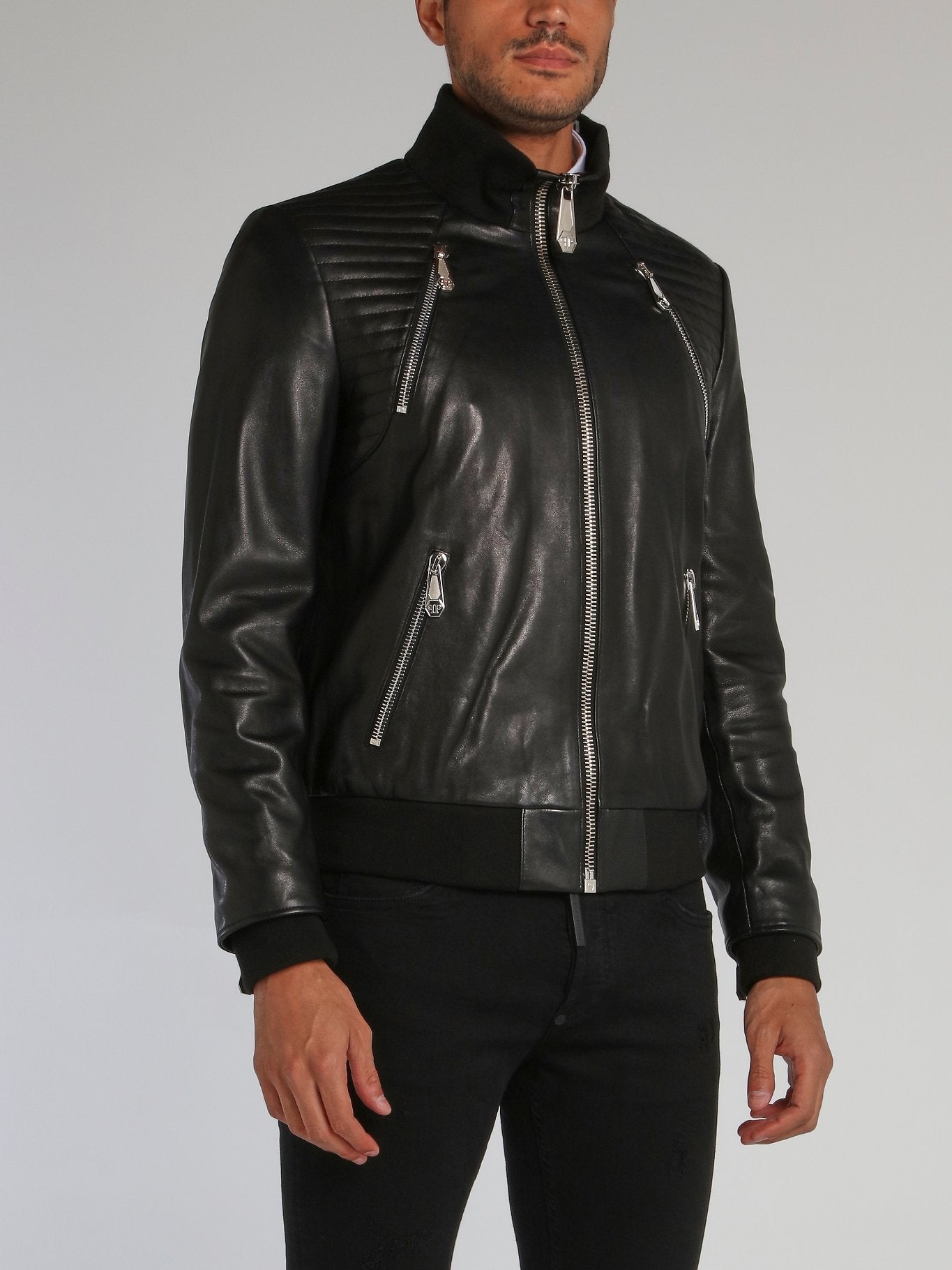 Black Quilt Panel Leather Jacket