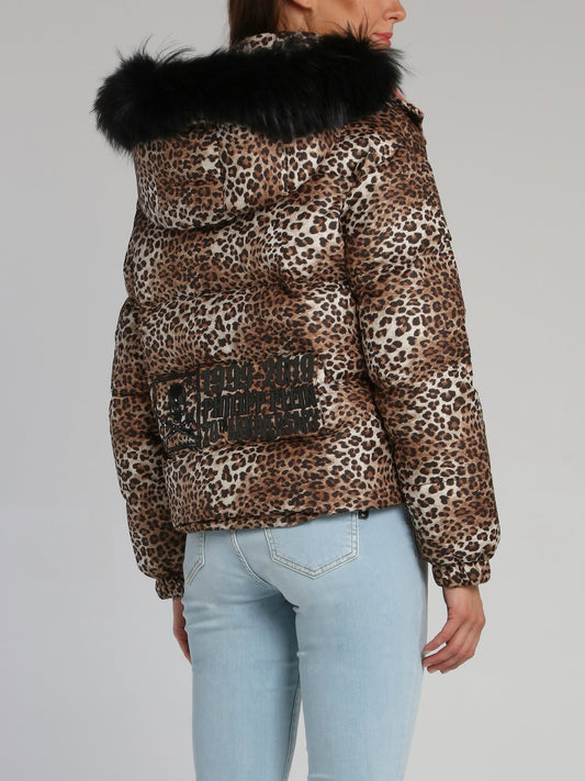 Leopard Print Fur Hood Puffer Jacket