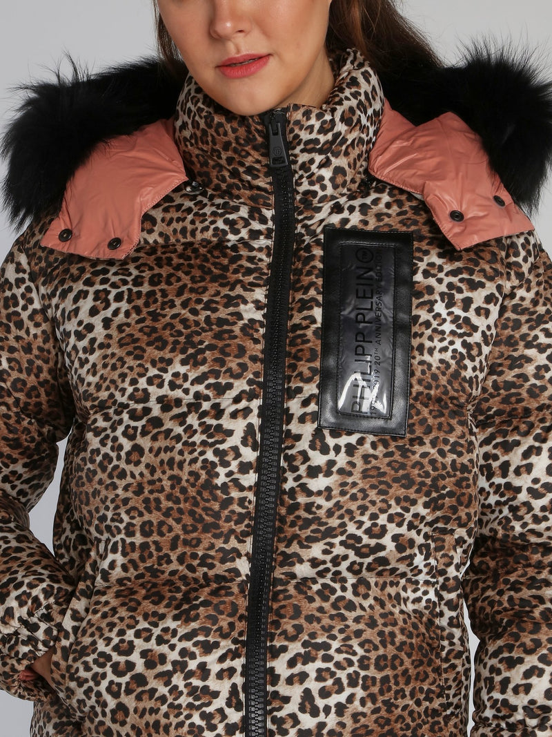 Leopard Print Fur Hood Puffer Jacket