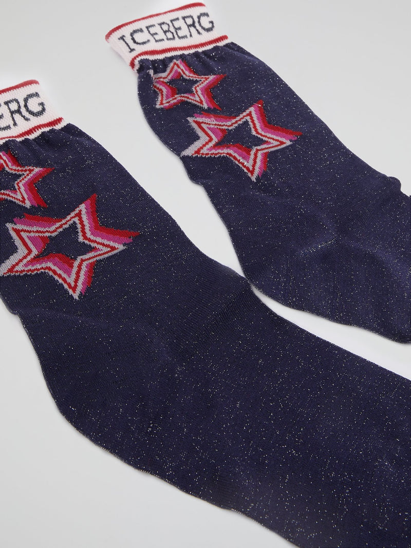 Navy Star Print Glitter Socks
