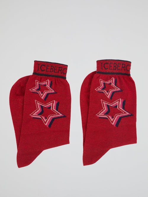 Red Star Print Glitter Socks
